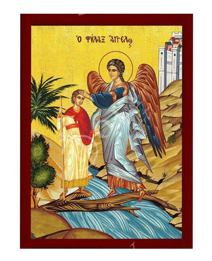Guardian Angel icon, Handmade Greek Orthodox icon Protector Archangel, Byzantine art wall hanging on wood plaque religious icon gift - TheHolyArt