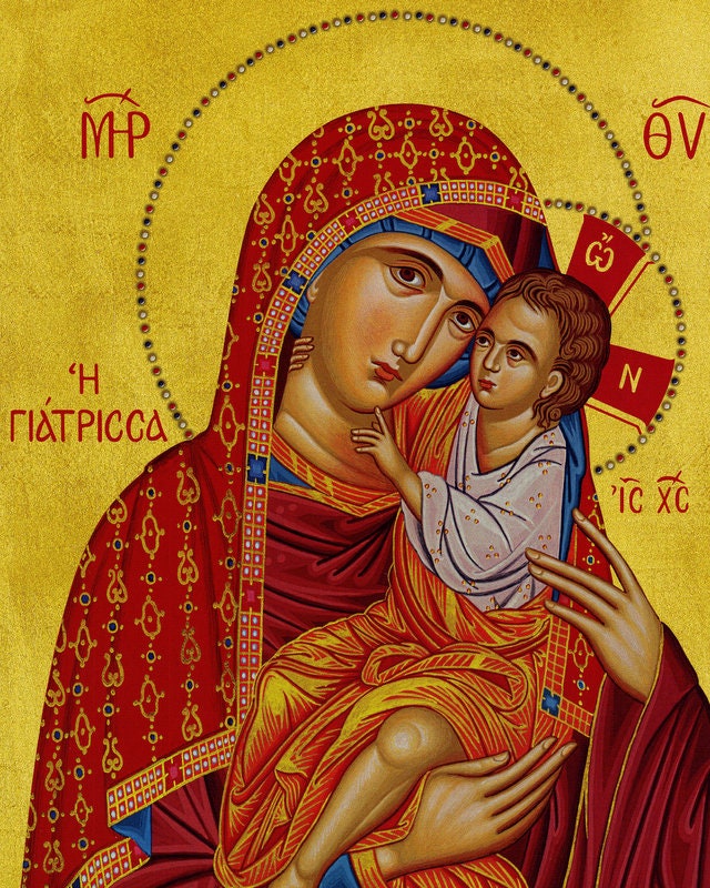 Virgin Mary icon Panagia Giatrissa, Greek Christian Orthodox Icon, Mother of God Byzantine art Theotokos handmade wall hanging wood plaque