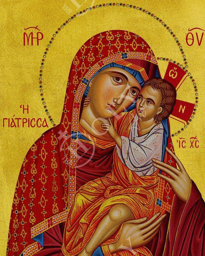 Virgin Mary icon Panagia Giatrissa, Greek Christian Orthodox Icon, Mother of God Byzantine art Theotokos handmade wall hanging wood plaque - TheHolyArt