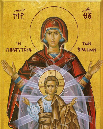 Virgin Mary icon Panagia Platytera, Handmade Greek Orthodox Icon, Mother of God Byzantine art, Theotokos wall hanging wood plaque - TheHolyArt