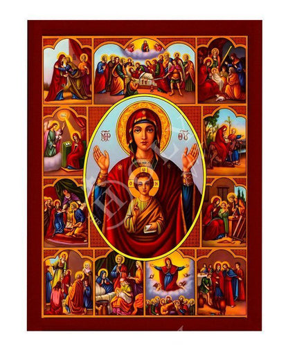 Virgin Mary icon Panagia Life events Feasts, Handmade Greek Orthodox Icon Mother of God Byzantine art Theotokos wall hanging wood plaque - TheHolyArt