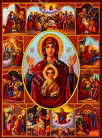 Virgin Mary icon Panagia Life events Feasts, Handmade Greek Orthodox Icon Mother of God Byzantine art Theotokos wall hanging wood plaque - TheHolyArt
