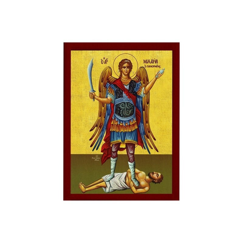 Archangel Michael Panormitis icon, Handmade Greek Orthodox icon St Michael, Byzantine art wall hanging on wood plaque religious icon gift