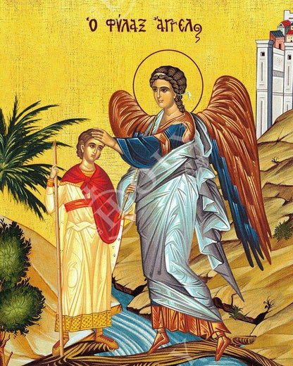 Guardian Angel icon, Handmade Greek Orthodox icon Protector Archangel, Byzantine art wall hanging on wood plaque religious icon gift - TheHolyArt