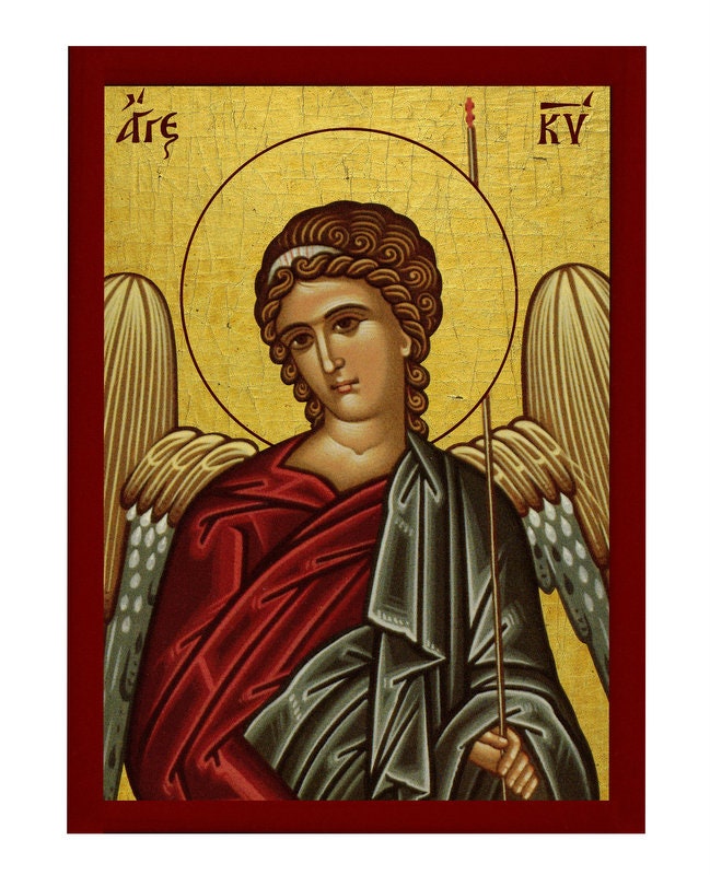 Guardian Angel icon, Handmade Greek Orthodox icon Angel of the Lord, Byzantine art wall hanging on wood plaque religious icon gift