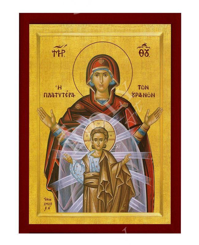 Virgin Mary icon Panagia Platytera, Handmade Greek Orthodox Icon, Mother of God Byzantine art, Theotokos wall hanging wood plaque