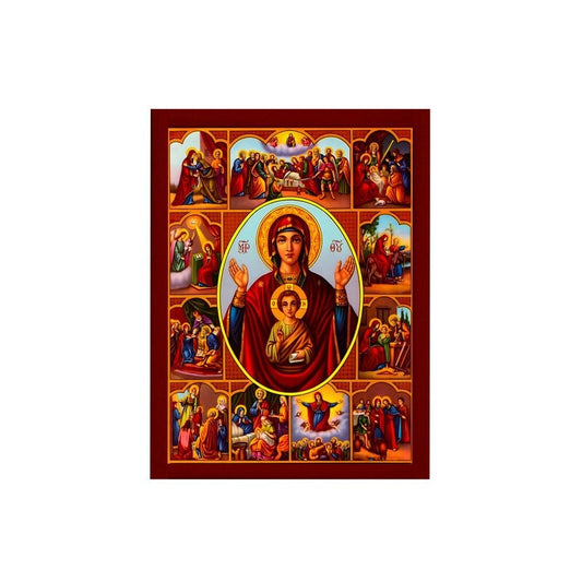 Virgin Mary icon Panagia Life events Feasts, Handmade Greek Orthodox Icon Mother of God Byzantine art Theotokos wall hanging wood plaque