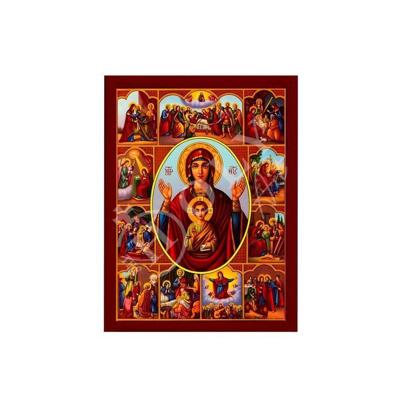 Virgin Mary icon Panagia Life events Feasts, Handmade Greek Orthodox Icon Mother of God Byzantine art Theotokos wall hanging wood plaque