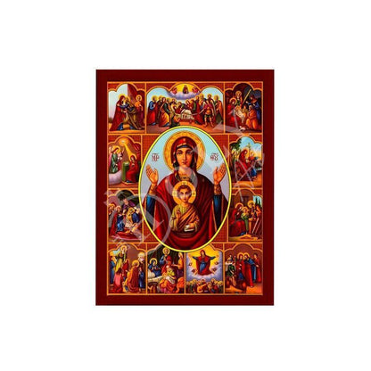 Virgin Mary icon Panagia Life events Feasts, Handmade Greek Orthodox Icon Mother of God Byzantine art Theotokos wall hanging wood plaque - TheHolyArt