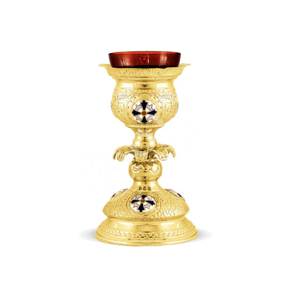 Christian Brass Altar Oil Vigil Lamp with Cross, Gold plated Prayer Standing Table Oil Lamp Orthodox Oil Candle w/ glass cup religious decor - TheHolyArt