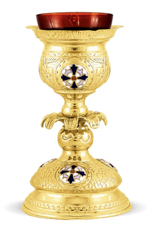 Christian Brass Altar Oil Vigil Lamp with Cross, Gold plated Prayer Standing Table Oil Lamp Orthodox Oil Candle w/ glass cup religious decor