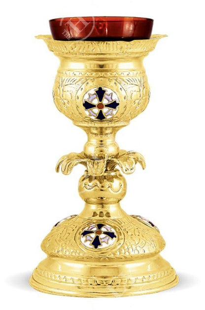 Christian Brass Altar Oil Vigil Lamp with Cross, Gold plated Prayer Standing Table Oil Lamp Orthodox Oil Candle w/ glass cup religious decor - TheHolyArt