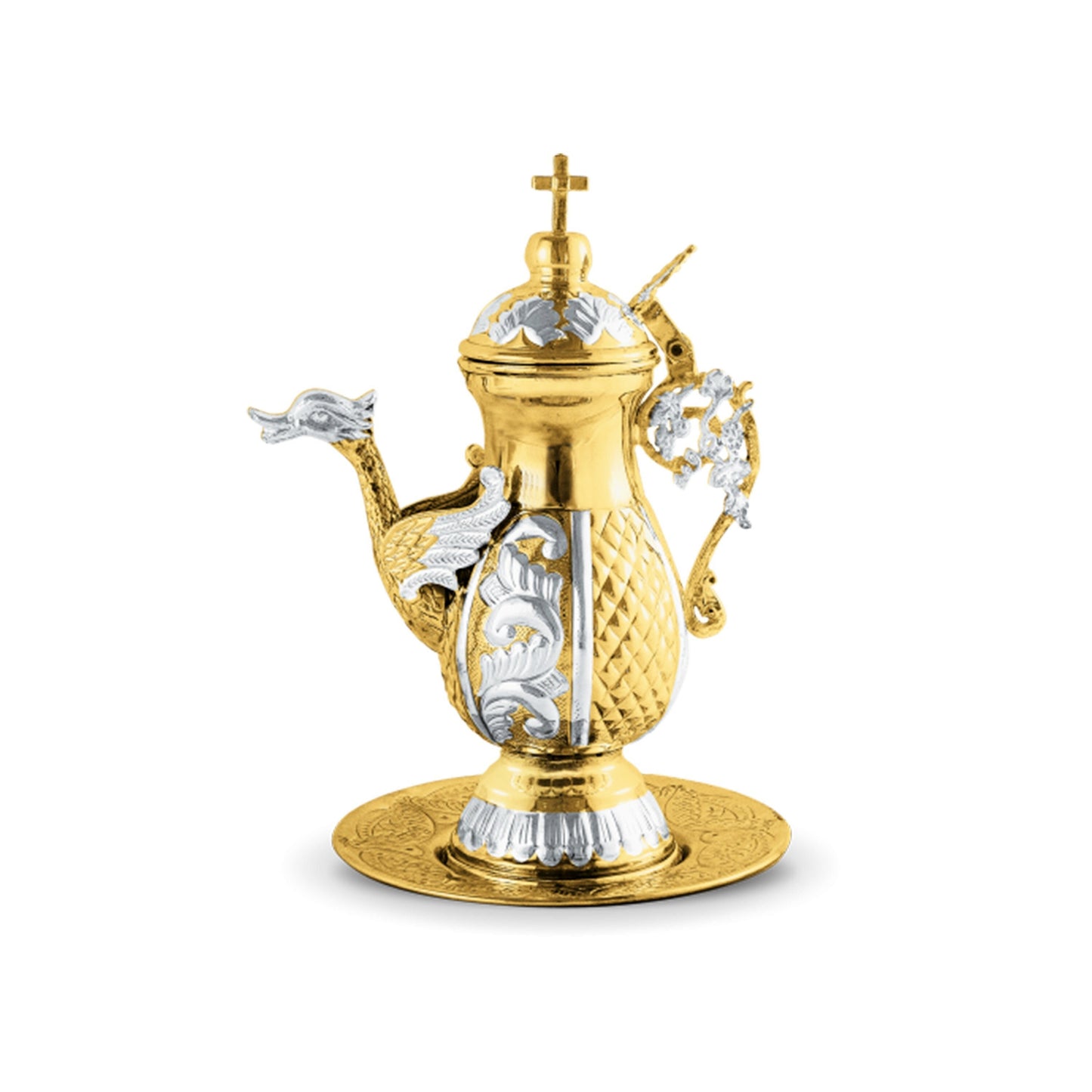Christian Gold Plated Bronze Handmade Zeon container, Greek Orthodox Liturgy Altar Church utensils server metal jug, religious gift