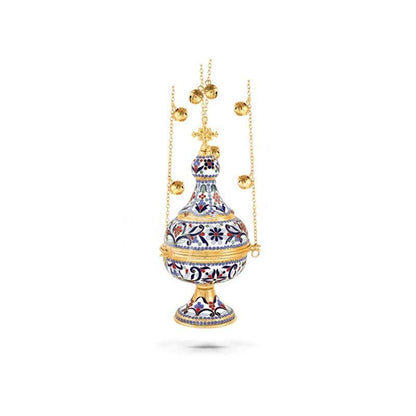 Christian Hanging Gold Plated Resin Incense Burner w Smalt Greek Orthodox Thurible Incense holder Metal Byzantine Censer Perfume burner gift - TheHolyArt