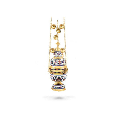 Christian Hanging Gold Plated Resin Incense Burner w Smalt Greek Orthodox Thurible Incense holder Metal Byzantine Censer Perfume burner gift - TheHolyArt