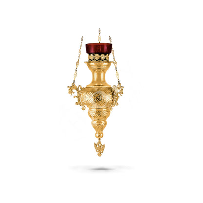 Christian Gold Plated Hanging Oil Vigil Lamp with Cross, Handmade Prayer Hanging Oil Lamp Orthodox Oil Candle with glass cup religious decor - TheHolyArt