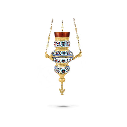 Christian Gold Plated Smalt Hanging Oil Vigil Lamp with Cross Religious Handmade Prayer Hanging Oil Lamp Orthodox Oil Candle with glass cup - TheHolyArt