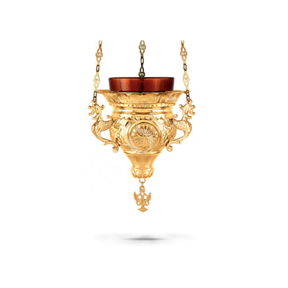 Christian Gold Plated Hanging Oil Vigil Lamp with Cross, Handmade Prayer Hanging Oil Lamp Orthodox Oil Candle with glass cup religious decor - TheHolyArt