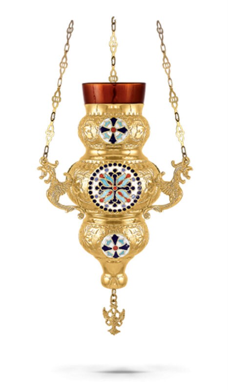 Christian Gold Plated Smalt Hanging Oil Vigil Lamp with Cross Religious Handmade Prayer Hanging Oil Lamp Orthodox Oil Candle with glass cup