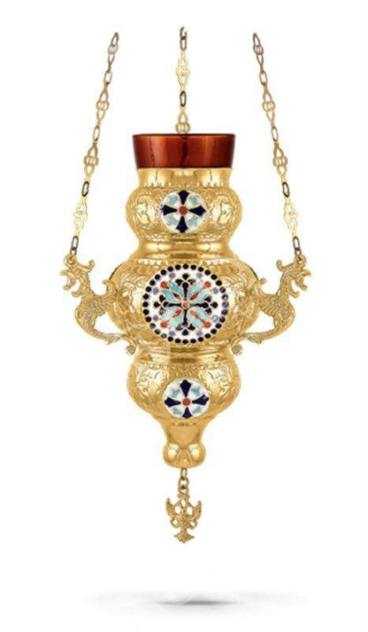Christian Gold Plated Smalt Hanging Oil Vigil Lamp with Cross Religious Handmade Prayer Hanging Oil Lamp Orthodox Oil Candle with glass cup - TheHolyArt
