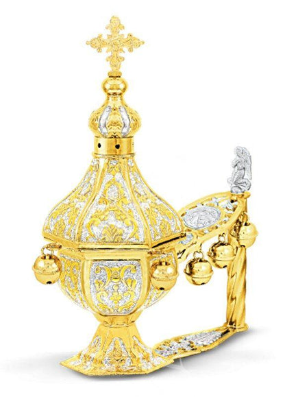 Christian Hand Gold plated Brass Resin Incense Burner Kantzia Greek Orthodox Thurible Incense holder Byzantine Censer Perfume burner gift - TheHolyArt