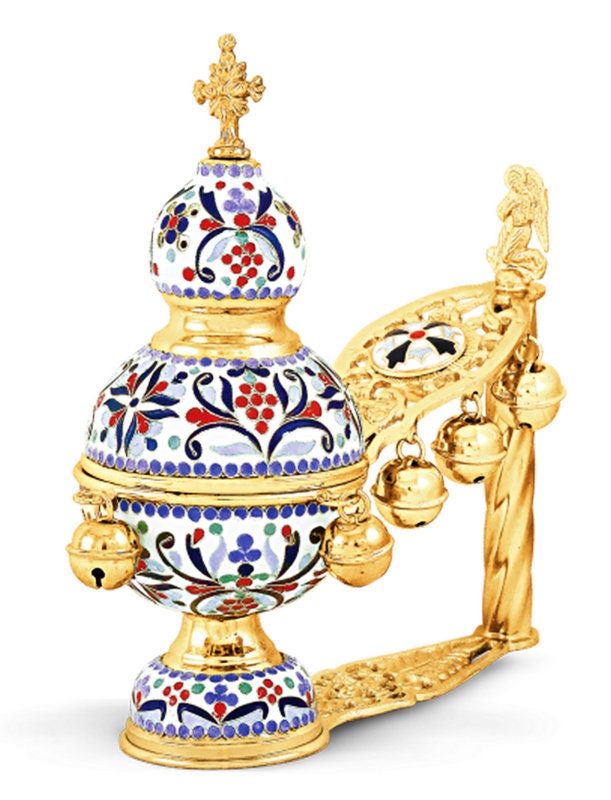 Christian Hand Gold plated w/ Smalt Resin Incense Burner Kantzia Greek Orthodox Thurible Incense holder Byzantine Censer Perfume burner gift