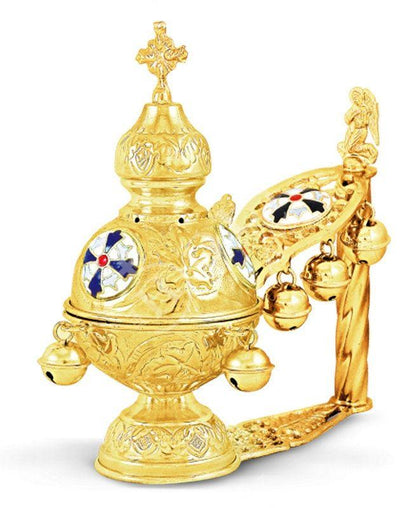Christian Hand Gold plated Brass Resin Incense Burner Kantzia Greek Orthodox Thurible Incense holder Byzantine Censer Perfume burner gift - TheHolyArt