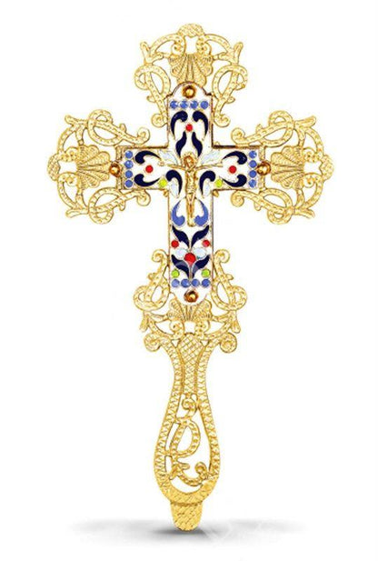 Gold plated Altar Crucifix w Smalt Jesus Christ Brass Blessing Cross Handmade Greek Orthodox Byzantine Holy Cross religious decor - TheHolyArt
