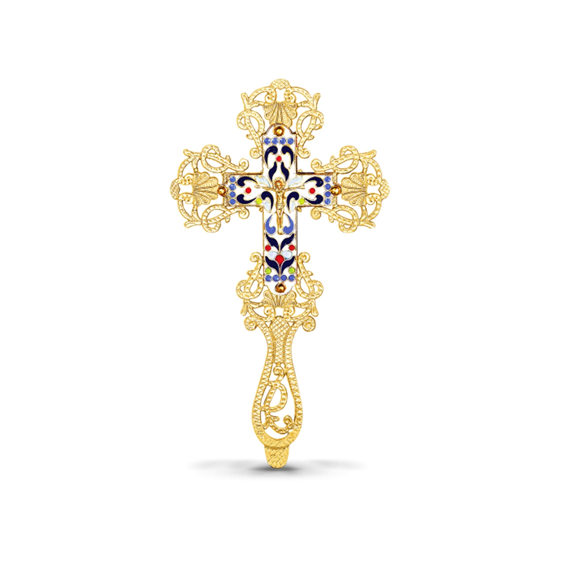 Gold plated Altar Crucifix w Smalt Jesus Christ Brass Blessing Cross Handmade Greek Orthodox Byzantine Holy Cross religious decor
