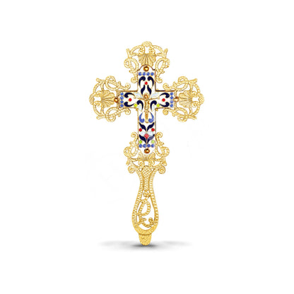 Gold plated Altar Crucifix w Smalt Jesus Christ Brass Blessing Cross Handmade Greek Orthodox Byzantine Holy Cross religious decor - TheHolyArt