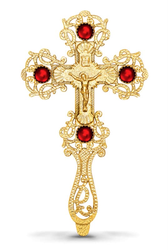 Gold plated Altar Crucifix w stones Jesus Christ Brass Blessing Cross Handmade Greek Orthodox Byzantine Holy Cross religious decor