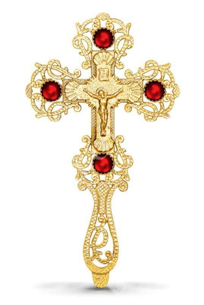 Gold plated Altar Crucifix w stones Jesus Christ Brass Blessing Cross Handmade Greek Orthodox Byzantine Holy Cross religious decor - TheHolyArt