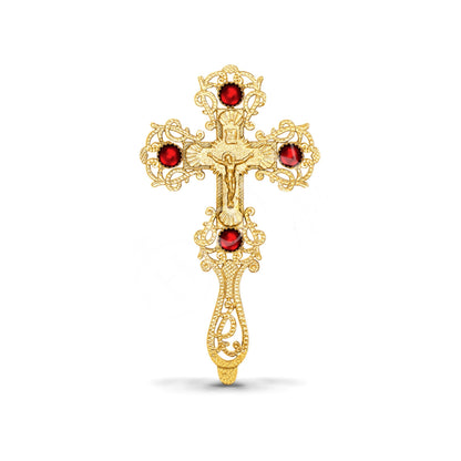 Gold plated Altar Crucifix w stones Jesus Christ Brass Blessing Cross Handmade Greek Orthodox Byzantine Holy Cross religious decor - TheHolyArt