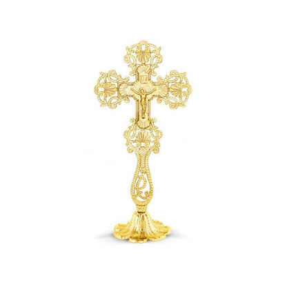 Gold plated Altar Standing Table Crucifix Jesus Christ Brass Blessing Cross Handmade Greek Orthodox Byzantine Holy Cross religious decor - TheHolyArt