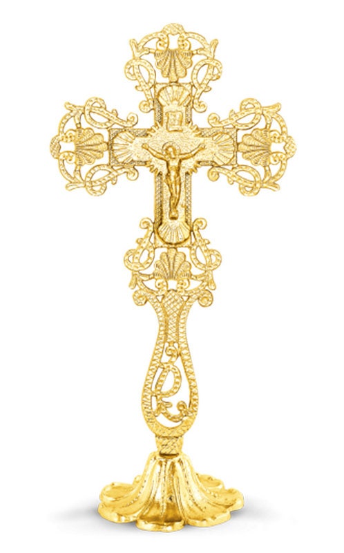 Gold plated Altar Standing Table Crucifix Jesus Christ Brass Blessing Cross Handmade Greek Orthodox Byzantine Holy Cross religious decor