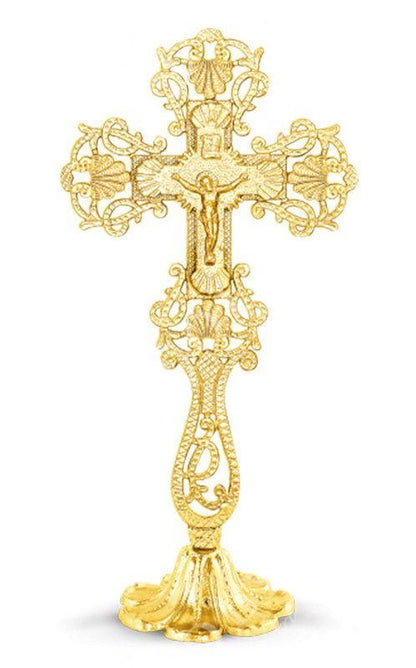 Gold plated Altar Standing Table Crucifix Jesus Christ Brass Blessing Cross Handmade Greek Orthodox Byzantine Holy Cross religious decor - TheHolyArt