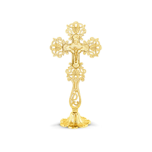 Gold plated Altar Standing Table Crucifix Jesus Christ Brass Blessing Cross Handmade Greek Orthodox Byzantine Holy Cross religious decor