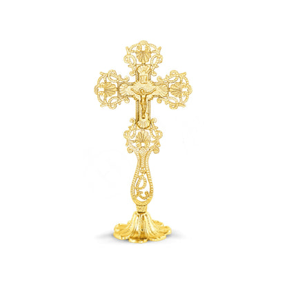 Gold plated Altar Standing Table Crucifix Jesus Christ Brass Blessing Cross Handmade Greek Orthodox Byzantine Holy Cross religious decor - TheHolyArt