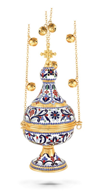 Christian Hanging Gold Plated Resin Incense Burner w Smalt Greek Orthodox Thurible Incense holder Metal Byzantine Censer Perfume burner gift
