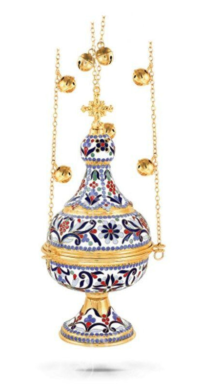 Christian Hanging Gold Plated Resin Incense Burner w Smalt Greek Orthodox Thurible Incense holder Metal Byzantine Censer Perfume burner gift - TheHolyArt