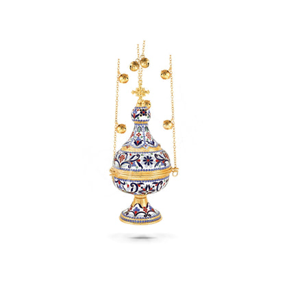 Christian Hanging Gold Plated Resin Incense Burner w Smalt Greek Orthodox Thurible Incense holder Metal Byzantine Censer Perfume burner gift - TheHolyArt