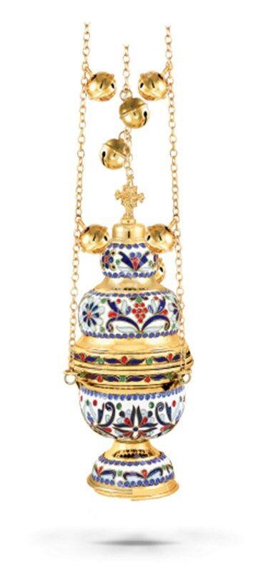 Christian Hanging Gold Plated Resin Incense Burner w Smalt Greek Orthodox Thurible Incense holder Metal Byzantine Censer Perfume burner gift - TheHolyArt