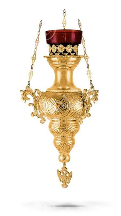 Christian Gold Plated Hanging Oil Vigil Lamp with Cross, Handmade Prayer Hanging Oil Lamp Orthodox Oil Candle with glass cup religious decor - TheHolyArt
