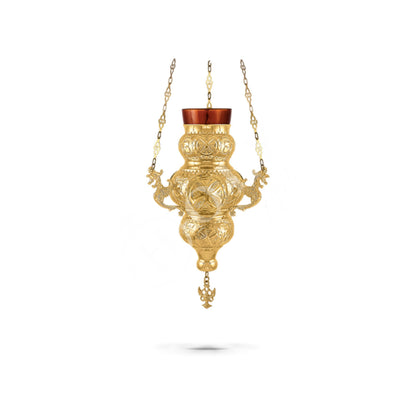 Christian Gold Plated Hanging Oil Vigil Lamp with Cross, Handmade Prayer Hanging Oil Lamp Orthodox Oil Candle with glass cup religious decor - TheHolyArt