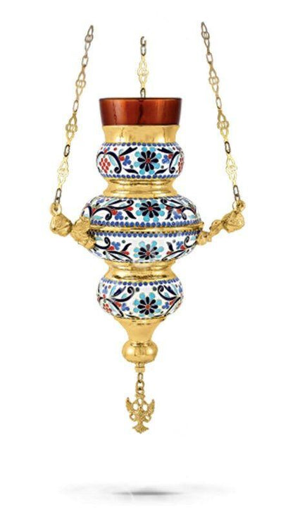 Christian Gold Plated Smalt Hanging Oil Vigil Lamp with Cross Religious Handmade Prayer Hanging Oil Lamp Orthodox Oil Candle with glass cup - TheHolyArt