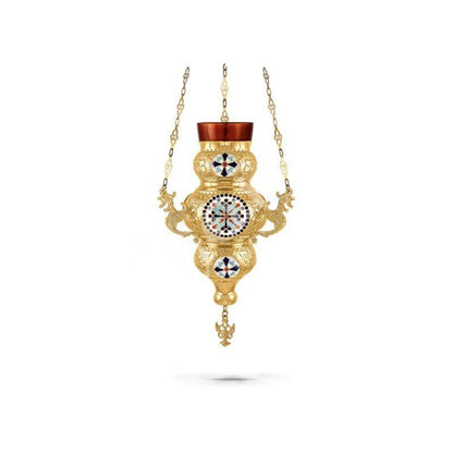Christian Gold Plated Smalt Hanging Oil Vigil Lamp with Cross Religious Handmade Prayer Hanging Oil Lamp Orthodox Oil Candle with glass cup - TheHolyArt