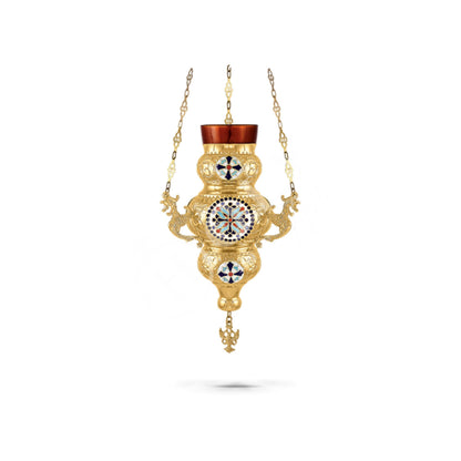 Christian Gold Plated Smalt Hanging Oil Vigil Lamp with Cross Religious Handmade Prayer Hanging Oil Lamp Orthodox Oil Candle with glass cup - TheHolyArt