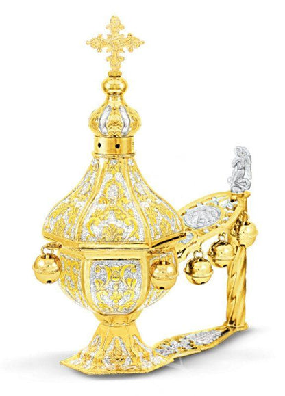 Christian Hand Gold plated Brass Resin Incense Burner Kantzia Greek Orthodox Thurible Incense holder Byzantine Censer Perfume burner gift - TheHolyArt