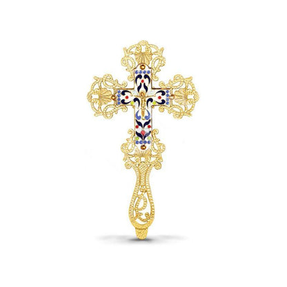 Gold plated Altar Crucifix w Smalt Jesus Christ Brass Blessing Cross Handmade Greek Orthodox Byzantine Holy Cross religious decor - TheHolyArt
