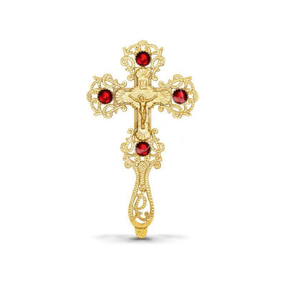 Gold plated Altar Crucifix w stones Jesus Christ Brass Blessing Cross Handmade Greek Orthodox Byzantine Holy Cross religious decor - TheHolyArt